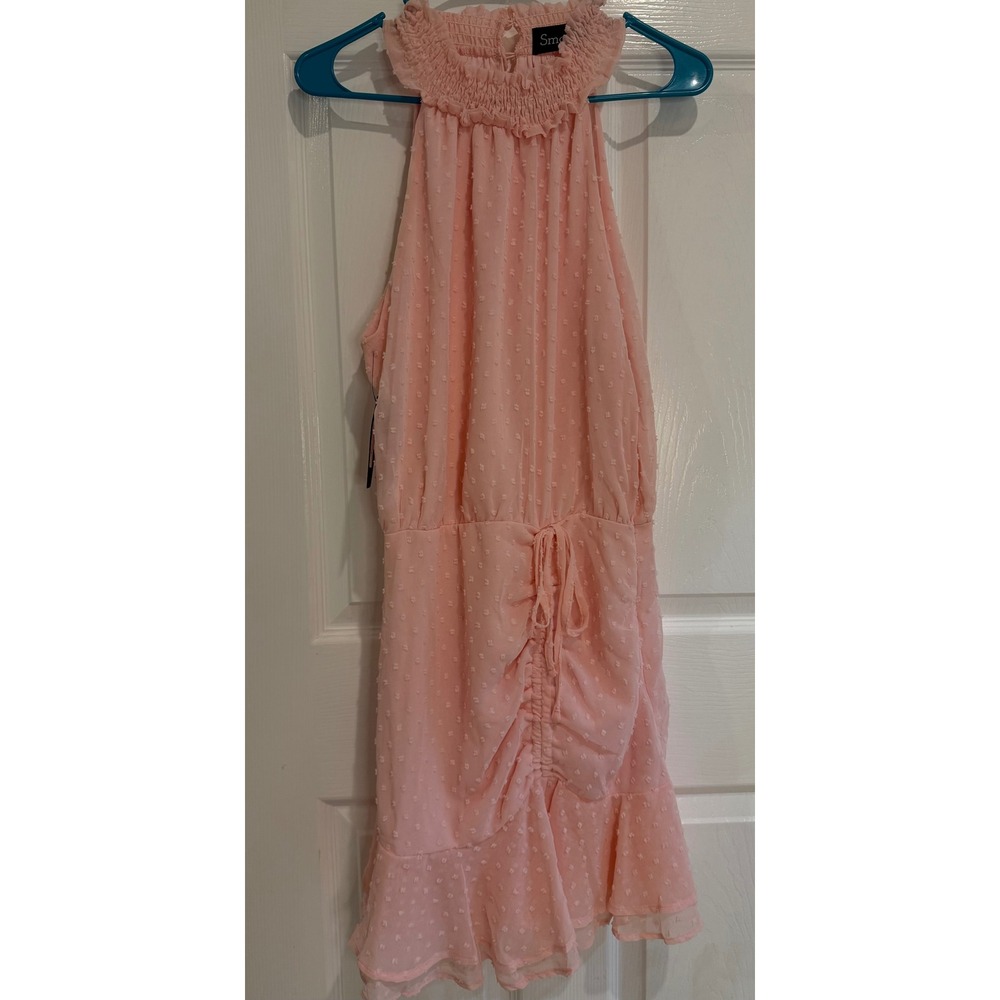Smoke Halter Dress Swiss Dot Ruffle Trim Drawstring Waist Pink Size M